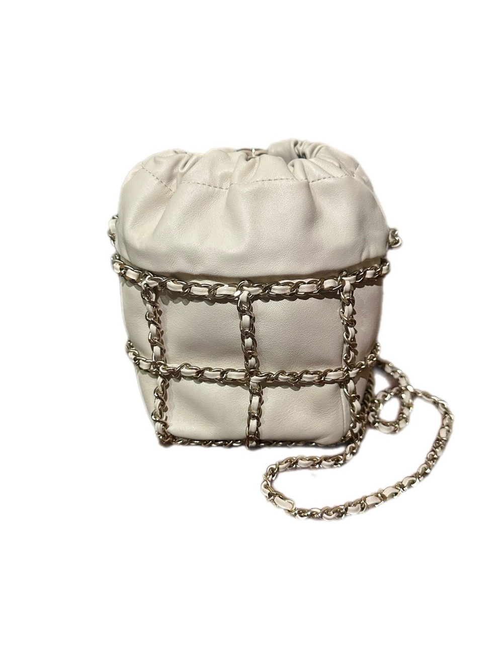 Chanel CC Bucket Bag Drawstring Cream Leather Gold Chain Crossbody | Authentic - Picture 3 of 9